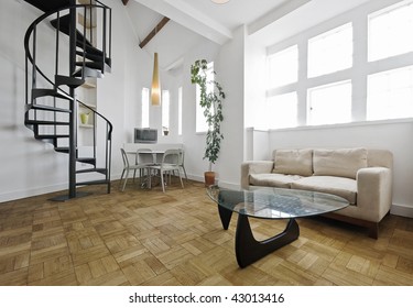 Warehouse Conversion Apartment With Metal Spiral Staircase