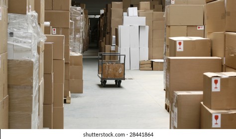 warehouse corridor and handcart, carton stock