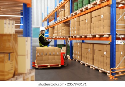 Warehouse courier company. Storehouse manager woman. Pallet jack with cardboard boxes. Woman among racks with parcels. Customs warehouse specialist. Storehouse delivery service. Distribution warehouse