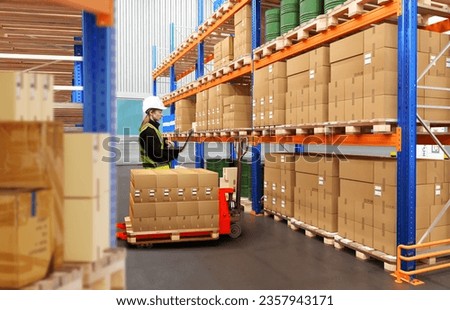 Warehouse courier company. Storehouse manager woman. Pallet jack with cardboard boxes. Woman among racks with parcels. Customs warehouse specialist. Storehouse delivery service. Distribution warehouse