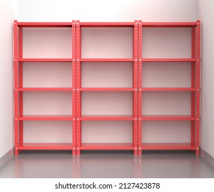 Warehouse with empty metal shelving units, 3D illustration - Powered by Shutterstock