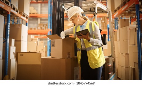 In Warehouse Female Manager Wearing Hardhat Standing Beside Forklift Uses Digital Tablet For Inventory, Checking Inside Of Cardboard Box Package. Distribution, Delivery Center, Shelves With Packages