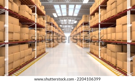 Warehouse hall with boxes and orders. Industrial interior of the hall with lighting. Logistics distribution industrial interior with gates. The work of the marketplace. Distribution center.
