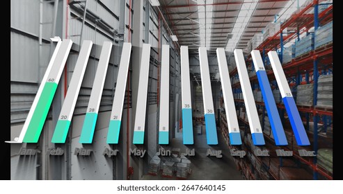 In warehouse, image of 3D bar chart displaying monthly data on shelves. analytics, statistics, business, logistics, inventory, commerce