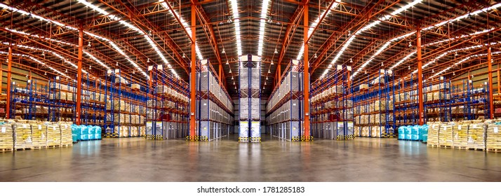 Warehouse industrial and logistics companies. Commercial warehouse. Huge distribution warehouse with high shelves. Low angle view.