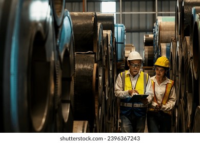Warehouse inventory management in metalwork factory with engineer or inspector conduct storage check and quality control assessment on cylinder rolled metal for civil engineering project. Exemplifying - Shutterstock ID 2396367243
