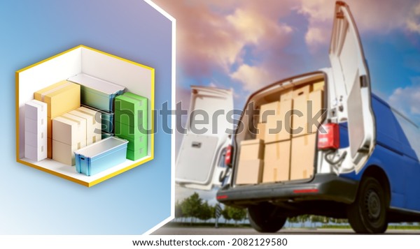 warehouse\
logistics concept. Car loaded with boxes next to container. Self\
storage with different boxes. Warehouse logistics items are nearby.\
Open van is waiting for unloading. Soft\
focus