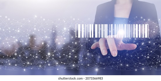 Warehouse and logistics. Hand touch digital screen hologram Bar Code Price Tag sign on city light blurred background. Bar Code Price Tag Merchandise Concept. - Powered by Shutterstock