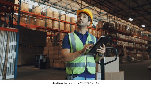 Warehouse, man and tablet in factory for logistics, orders and check inventory or stock. Male worker, digital technology and storage in shipping company for export, distribution and supply chain