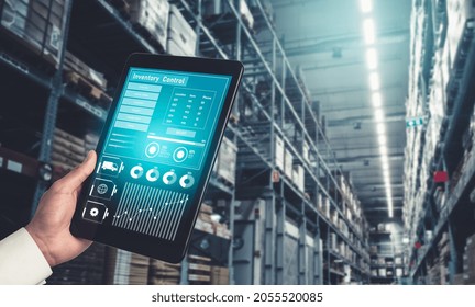 Warehouse management innovative software in computer for real time monitoring of goods package delivery . Computer screen showing smart inventory dashboard for storage and supply chain distribution .