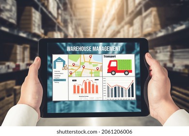 Warehouse management innovative software in computer for real time monitoring of goods package delivery . Computer screen showing smart inventory dashboard for storage and supply chain distribution .