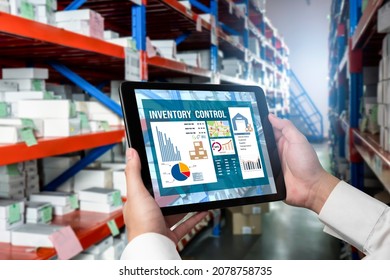 Warehouse management innovative software in computer for real time monitoring of goods package delivery . Computer screen showing smart inventory dashboard for storage and supply chain distribution . - Shutterstock ID 2078758735