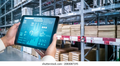 Warehouse management innovative software in computer for real time monitoring of goods package delivery . Computer screen showing smart inventory dashboard for storage and supply chain distribution . - Shutterstock ID 2083087195