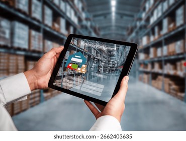 Warehouse management innovative software in computer for real time monitoring of goods package delivery . Computer screen showing smart inventory dashboard for storage and supply chain distribution .
