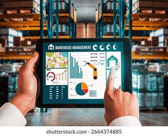 Warehouse management innovative software in computer for real time monitoring of goods package delivery . Computer screen showing smart inventory dashboard for storage and supply chain distribution .