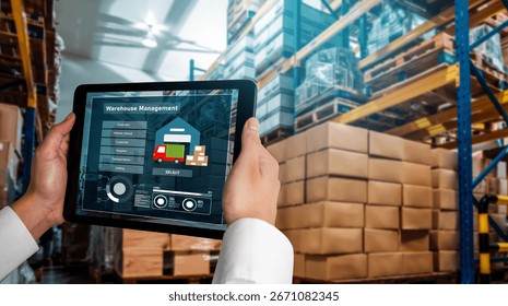 Warehouse management innovative software in computer for real time monitoring of goods package delivery . Computer screen showing smart inventory dashboard for storage and supply chain distribution .