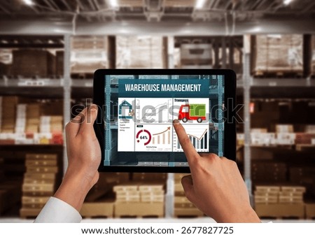 Warehouse management innovative software in computer for real time monitoring of goods package delivery . Computer screen showing smart inventory dashboard for storage and supply chain distribution .