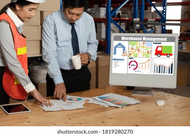 Warehouse management software application in computer for real time monitoring of goods package delivery . PC screen showing smart inventory dashboard for storage and supply chain distribution .