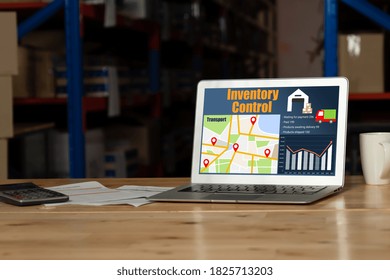 Warehouse management software application in computer for real time monitoring of goods package delivery . PC screen showing smart inventory dashboard for storage and supply chain distribution .