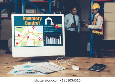 Warehouse management software application in computer for real time monitoring of goods package delivery . PC screen showing smart inventory dashboard for storage and supply chain distribution .