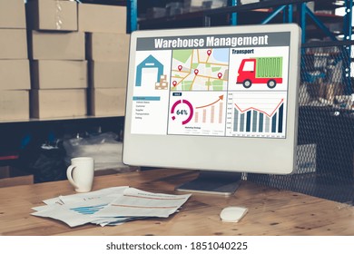 Warehouse management software application in computer for real time monitoring of goods package delivery . PC screen showing smart inventory dashboard for storage and supply chain distribution .