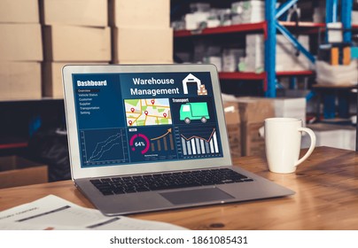 Warehouse Management Software Application In Computer For Real Time Monitoring Of Goods Package Delivery . PC Screen Showing Smart Inventory Dashboard For Storage And Supply Chain Distribution .