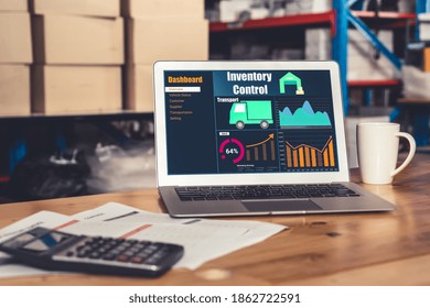 Warehouse management software application in computer for real time monitoring of goods package delivery . PC screen showing smart inventory dashboard for storage and supply chain distribution .