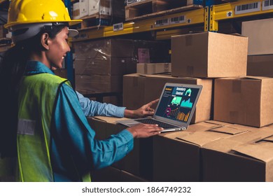 Warehouse Management Software Application In Computer For Real Time Monitoring Of Goods Package Delivery . PC Screen Showing Smart Inventory Dashboard For Storage And Supply Chain Distribution .