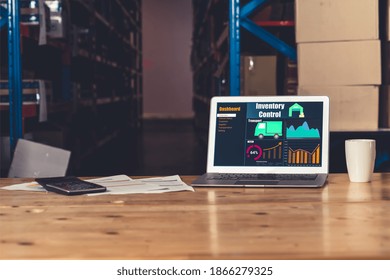 Warehouse management software application in computer for real time monitoring of goods package delivery . PC screen showing smart inventory dashboard for storage and supply chain distribution .