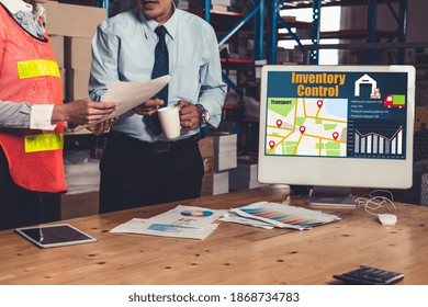 Warehouse management software application in computer for real time monitoring of goods package delivery . PC screen showing smart inventory dashboard for storage and supply chain distribution .