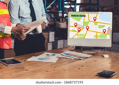 Warehouse management software application in computer for real time monitoring of goods package delivery . PC screen showing smart inventory dashboard for storage and supply chain distribution .