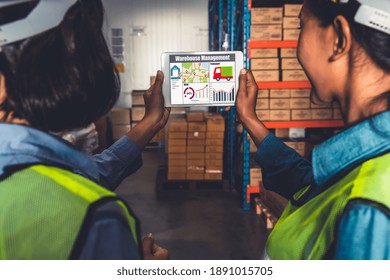 Warehouse Management Software Application In Computer For Real Time Monitoring Of Goods Package Delivery . PC Screen Showing Smart Inventory Dashboard For Storage And Supply Chain Distribution .