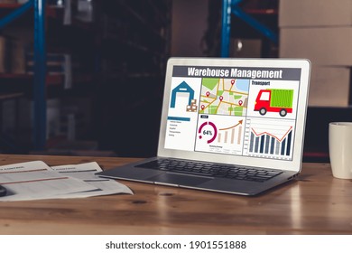 Warehouse management software application in computer for real time monitoring of goods package delivery . PC screen showing smart inventory dashboard for storage and supply chain distribution .