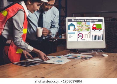 Warehouse management software application in computer for real time monitoring of goods package delivery . PC screen showing smart inventory dashboard for storage and supply chain distribution .