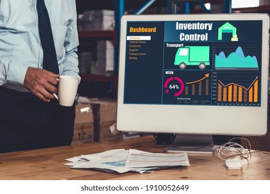Warehouse management software application in computer for real time monitoring of goods package delivery . PC screen showing smart inventory dashboard for storage and supply chain distribution .