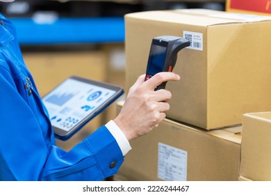 Warehouse management system with barcode reader and tablet PC. Inventory control. - Shutterstock ID 2226244467