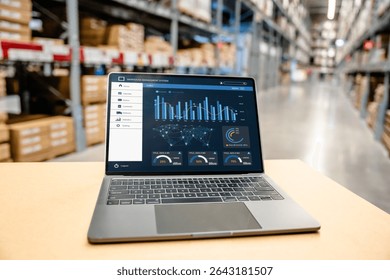 Warehouse management system dashboard on laptop for data analytics, inventory tracking and logistics control in modern storage facility with smart digital technology