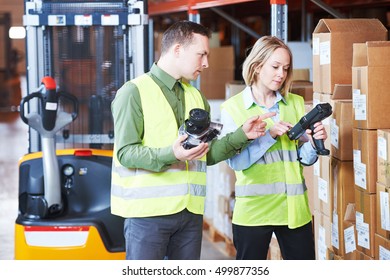 Warehouse Management System. Worker With Barcode Scanner