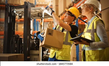 In Warehouse Manager Holds Digital Tablet Computer And Talks With Forklift Driver About Package Delivery. Workers In Global Distribution Center With Shelves With Goods