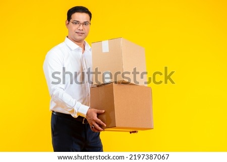 Warehouse manager. Man next to boxes. Warehouse business metaphor boxes. Guy with tablet computer. Warehouse manager with tablet.