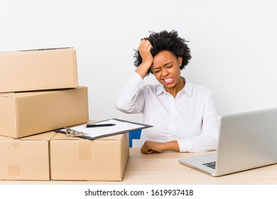 Warehouse Manager Sitting Checking Deliveries With Laptop Being Shocked, She Has Remembered Important Meeting.