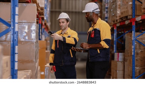 Warehouse manager, store inspector checking stock on storage shelf from inventory checklist. Two diverse ethnic people wear safety hard hat working together examining merchandise at distribution store