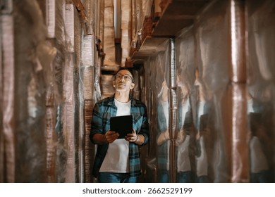 Warehouse manager using digital tablet and checking goods on shelves in large distribution center, managing inventory and logistics operations with modern technology. industry and business concept