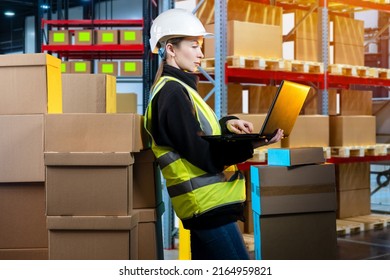 Warehouse Manager. Woman Is Inspecting Warehouse. Warehouse Manager Is Holding Laptop. Girl Counts Number Of Boxes. Woman With Computer Among Boxes. Concept Software For Accounting Goods.