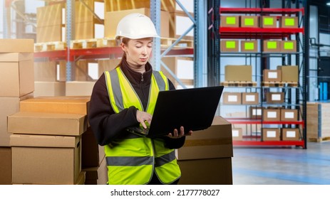 Warehouse Manager Woman. Laptop In Hands Logistics Manager. Girl In Yellow Vest Stands In Warehouse. Storage Company Worker. Warehouse Management. Shelving With Blurred Boxes. Storage Manager Career