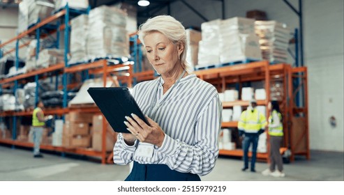 Warehouse, mature woman and tablet in logistic for ecommerce, quality control or stock management. Engineer, tech and maintenance in freight, supply chain or factory at shipping company as supervisor - Powered by Shutterstock