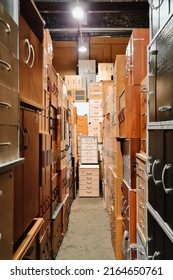 Warehouse Of Office Furniture. Unusual Corridor Of Bedside Tables. Sale Of Used Cabinets. Furniture Store.