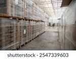 Warehouse for packaging of soil samples, seedlings in agriculture production. Crates, pallets in row along hall. Greenhouse supply chain, environmentally friendly pack solution, plant care equipment