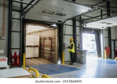 Warehouse receiver overseeing the storing of delivered items, holding tablet, looking at cargo details. - Powered by Shutterstock