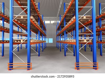 Warehouse space. Shelving with pallets for long-term storage. Empty warehouse with multi-tiered racks. Empty logistics center. Warehouse rental concept. Storage space  - Shutterstock ID 2172935893
